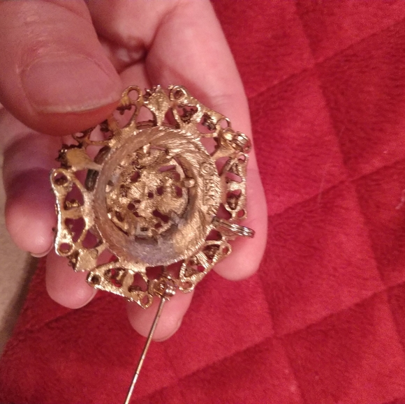 Vtg BSK Brooch Faux Pearl Turquoise Stones Round Shape Estate Find - Picture 5 of 13